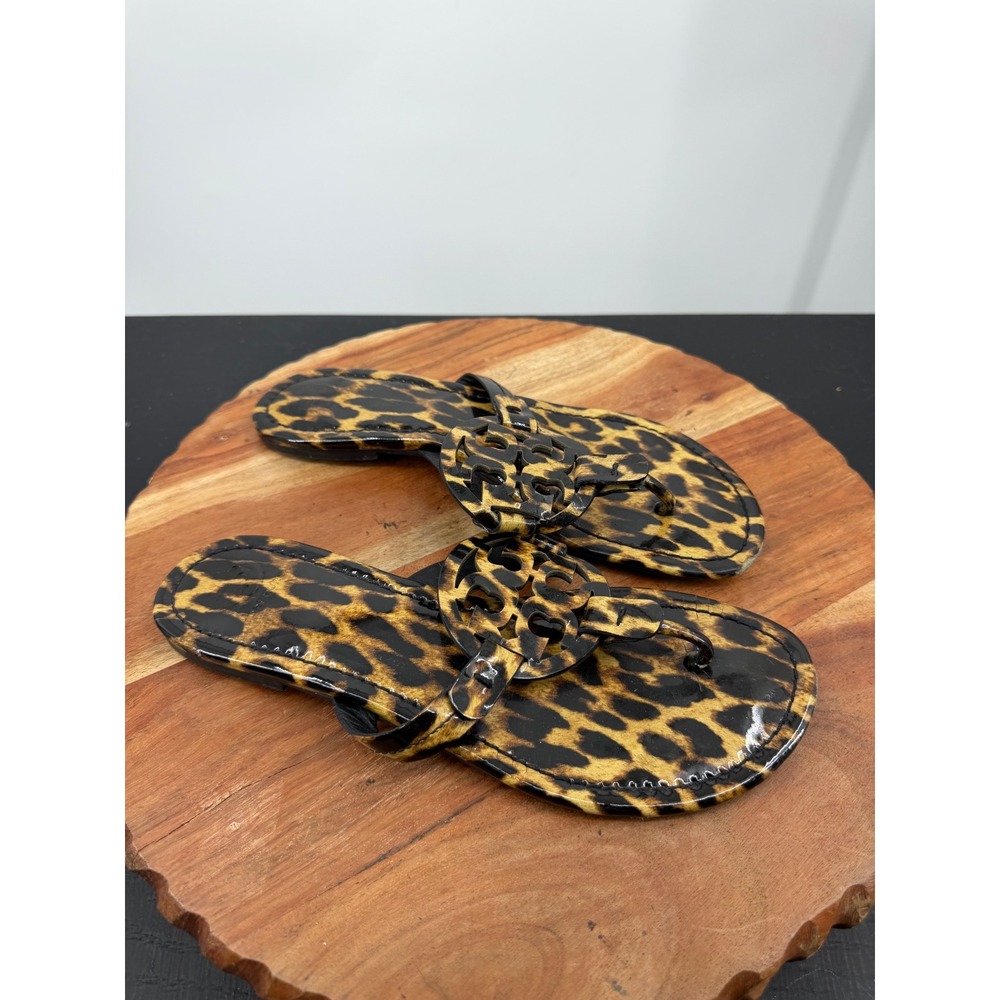 Tory Burch Miller Sandals Womens 8.5 Leopard Print Patent Leather Logo Flats